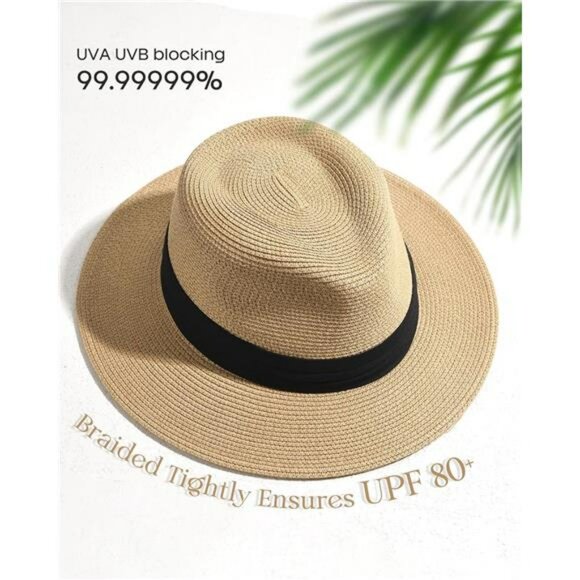 Panama straw sun hat wide brim fedora beach hat UV protection summer travel - Picture 3 of 7